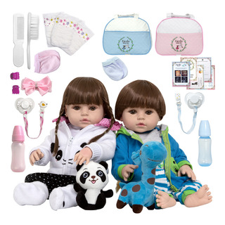 2 Boneca Reborn Gêmeos Casal Enxoval Completo Panda Girafa 2 Boneca Reborn Gêmeos Casal Enxoval Completo Panda Girafa