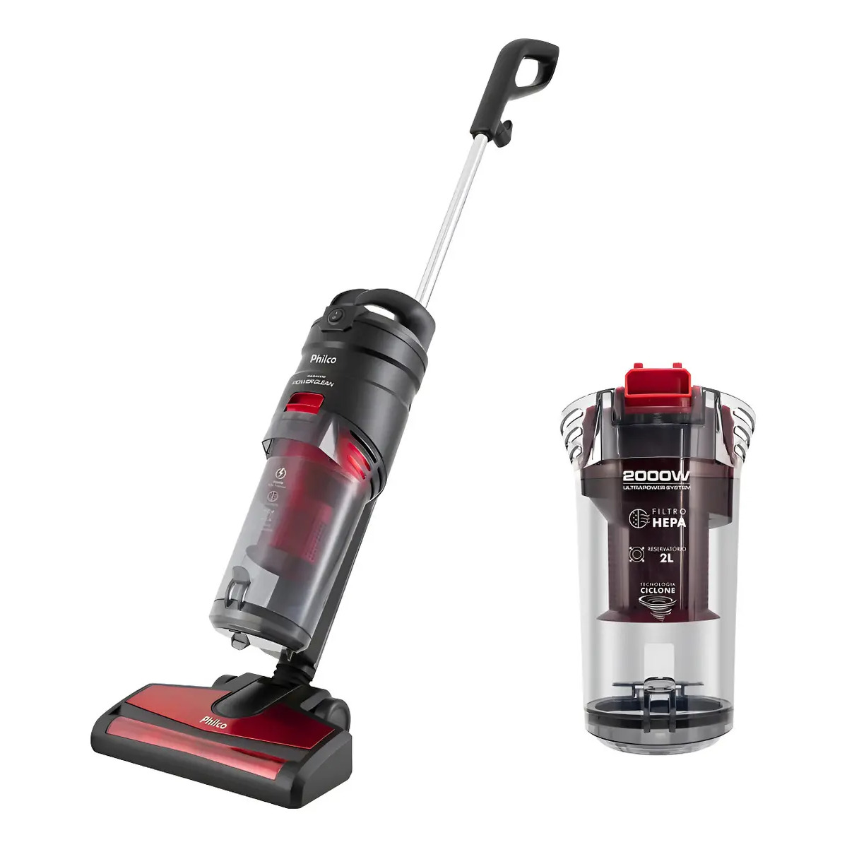 Aspirador de pó vertical Philco PAS4000V na cor preta com detalhes em vermelho, acompanhado de seu reservatório de 2 litros removível ao lado.