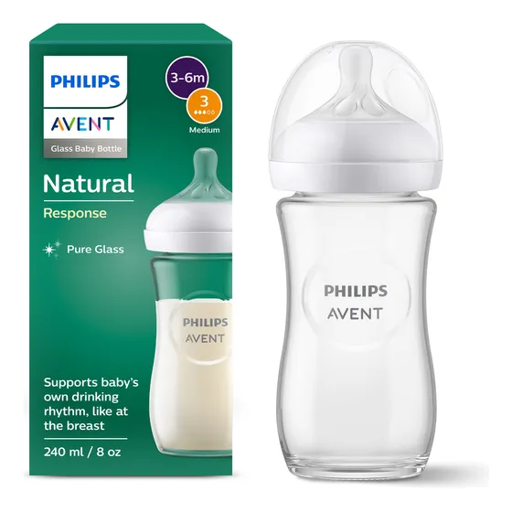 Tetero de vidrio Philips Avent Natural Response 8oz/240 ml con tetina de flujo medio (Flujo 3), SCY933/01