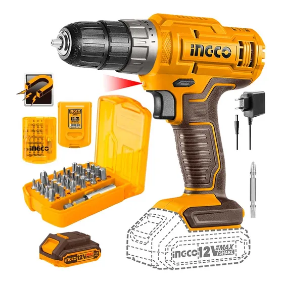 Taladro Atornillador 12v Cdli1218 + Set 30 Puntas Ingco