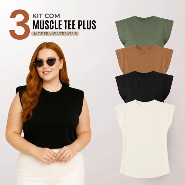 Modelo plus size vestindo muscle tee preta ao lado de quatro blusas do mesmo modelo nas cores verde oliva, marrom, preta e off-white em fundo cinza claro