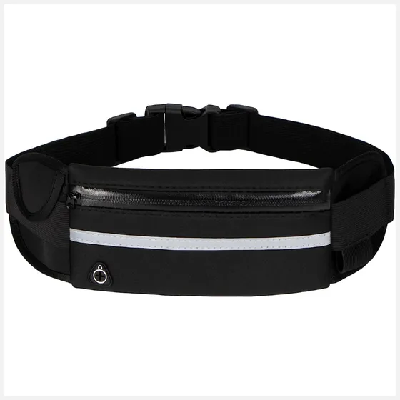 Pochete esportiva para corrida com suporte para garrafas saída fone de ouvido reforçada resistente ultra slim fitness pochete cintura para exercícios academia prova d'agua TokShop Cor Preto