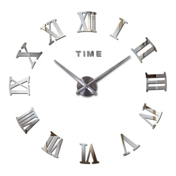 Reloj De Pared 3d Grande Plateado Números Romanos 