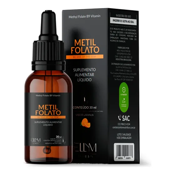 Vitamina B9 Ácido Fólico 100% Puro Energia Pele 30ml Gotas Sabor Laranja