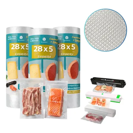 3 Unidades Bobina Rolo Gofrado 28x5 Sacos A Vacuo Para Seladora Domestica Vaccum Sealer Saco Plastico Ranhura Selar Alimento Cozinha Freezer Geladeira Saquinhos Embalagem Ranhura Transparentes A Vacu