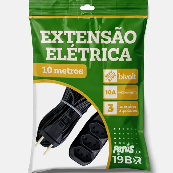Extensão Elétrica 10 Metros Bivolt Preto 3 Tomada Tripolar 127v/220v