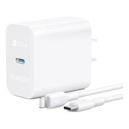 Cargador Tipo C Gan Turbo 20w Carga Rápida 3a 1hora Con Cable Usb C A Ip Compatible Con iPhone 8 11/12/13/14/xs/xr, iPad Mini 6/7, iPad Air 4/5/6, iPad 812.portátil Ideal Viajes Y Oficina Blanco