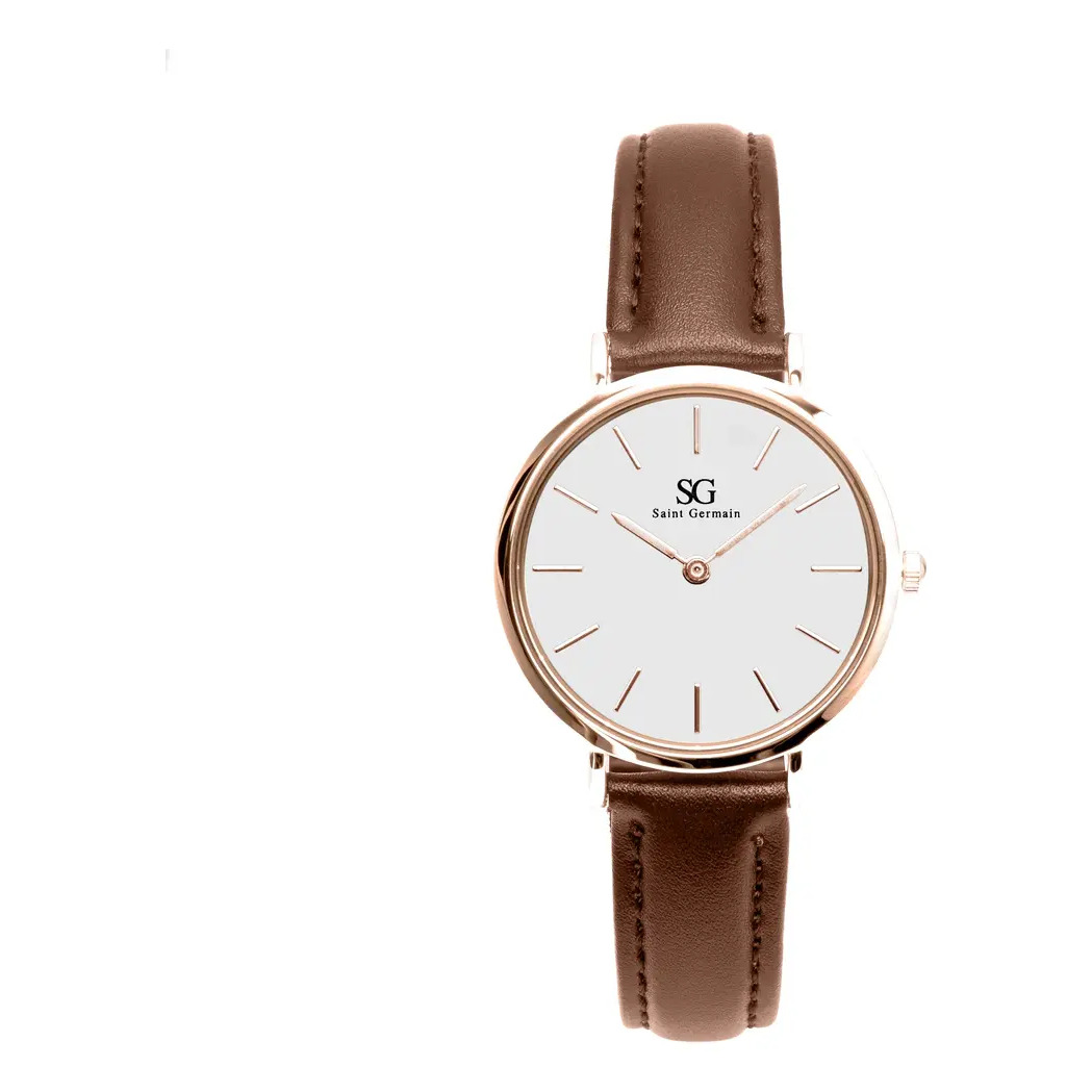 Relógio Feminino de Couro Marrom Saint Germain Bronx Rose Gold 32mm Cor do fundo Branco