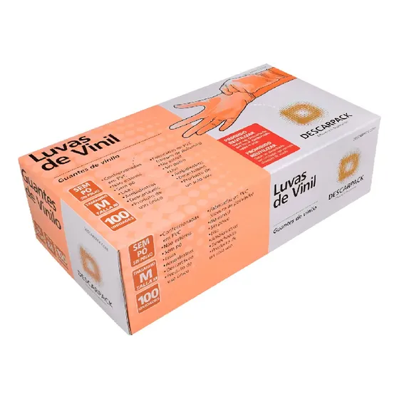 Caixa C/ 100 Unidades Luvas Vinil Sem Pó Transparente Tam M Descarpack Policloreto de Vinila Sem Latex Ambidestra Descartável Barreira Física Profissionais De Saúde Fluidos Biológicos Clínicas