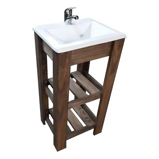 Mueble Para Baño Df Hogar Campo Pie + Bacha + Grifería De 40cm De Ancho, 80cm De Alto Y 33cm De Profundidad, Con Bacha Color Blanco Y Mueble Nogal Oscuro Con Un Agujero Para Grifería