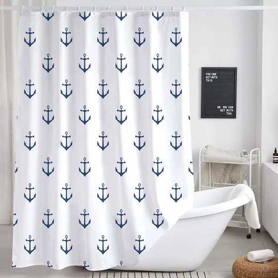 Cortina Ducha Ancla Nautica Para Baño Conjunto Tela Blanca X