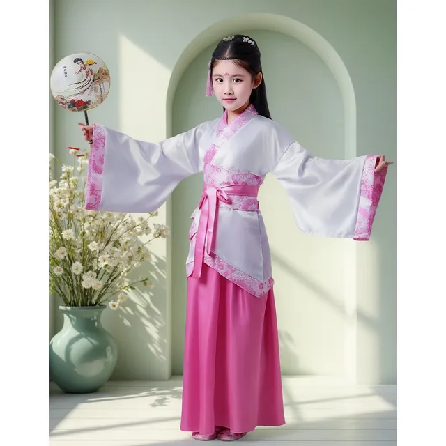 Quimono Rosa Traje Chinês Tradicional Menina Hanfu Leque