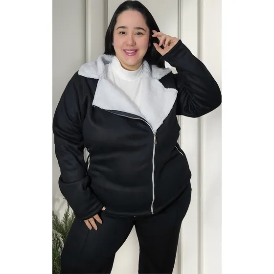 Campera Cruzada Terciopelo Con Piel Talle Especial Mujer