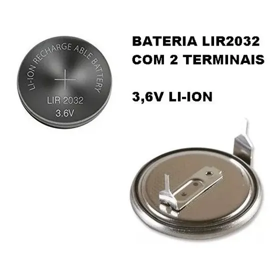 Bateria Lir2032 Cr2032 Recarregavel Li-ion 3,6v 2 Terminal