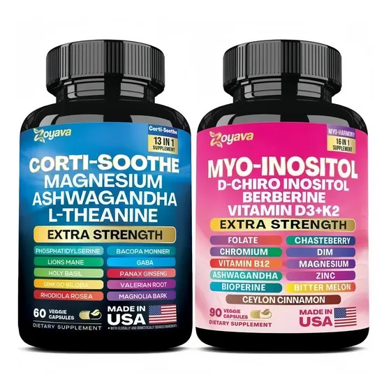 Elfleaf Suplemento De Cortisol Glicinato De Magnesio 200 Mg 60 Cápsulas + Suplemento De Inositol Myo-inositol Y D 90 Cápsulas