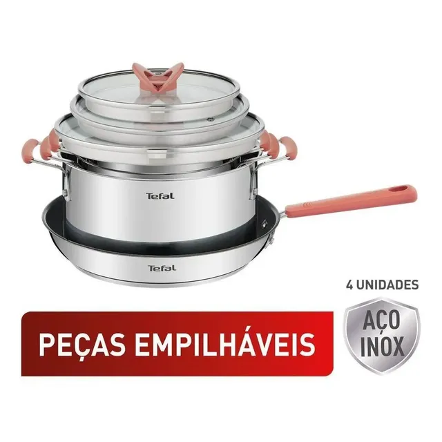 Jogo De Panelas 4 Peças Tefal Opti'space Inox Fundo Triplo