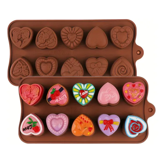 Molde Silicona Bombón 10 Corazones Chocolate Repostería Marrón