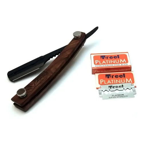 Porta Navaja Nefertary Professional Madera Marrón Incluye 5 Cuchillas Acero