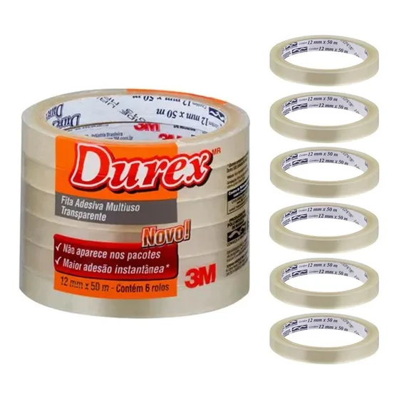 Fita Adesiva Durex Fino 12mmx50m 3m 6un Embalagem Presentes