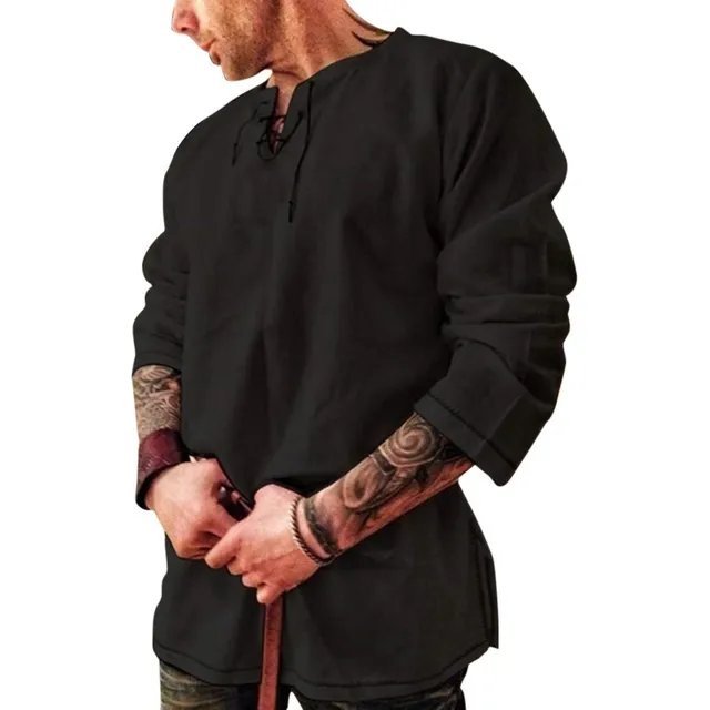 Camisa Escocesa Para Hombre Algodon Lino Manga Larga Cordon