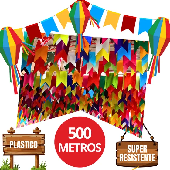 Kit 500 Metros Bandeirinha Festa Junina Plástica Resistente Área Externa/interna