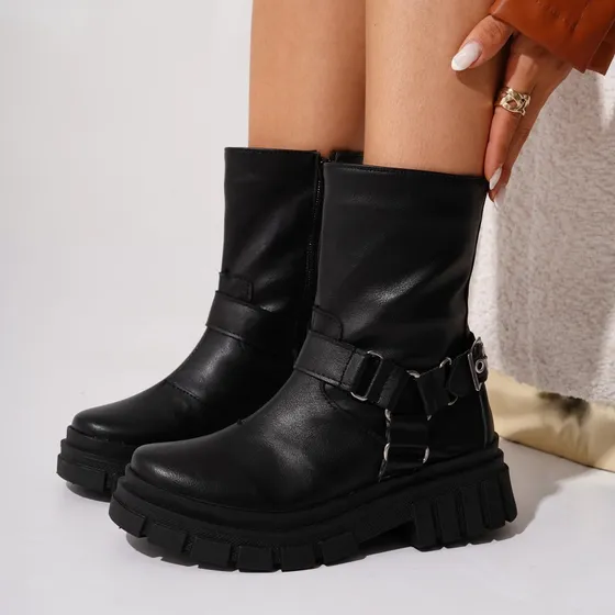 Botas Mujer Negras Botinetas De Dama Cuero Estribos Hebillas