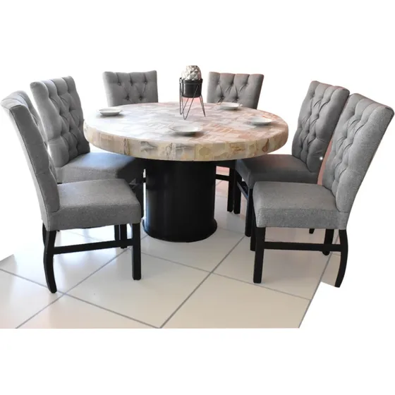 Comedor 6 Sillas Cubierta Circular Piedra Onix Iluminado Led Diseño De La Tela De Las Sillas