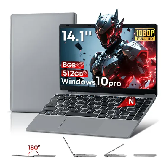 Laptop Laptop Intel Celeron N3060 8gb Ram+512gb Ssd Windows 10 Pro, Kinwodon Portátil Laptop Gamer De 14.1'' Fhd 19020*1080 + 8000mah Batería, Notebook Para Oficina Y Entretenimiento Color Gris