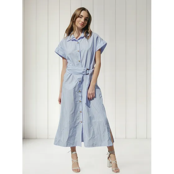 Vestido Largo Camisero Rayado Nano Espresso Mujer