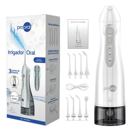 Irrigador Oral Prooral D52 We3 300ml Portátil Recarregável Usb Com 8 Bicos Para Aparelho Dentário Implantes E Prótese Higiene Bucal Profunda Branco 127/220v