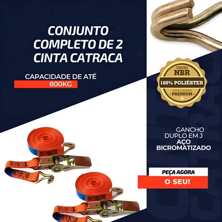 Kit 2 Cintas Catraca 800kg 3m Laranja Gancho J Aço Bicromatizado