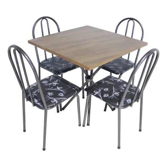 Conjunto Mesa Quadrada Com Tampo de Madeira Mdf 4 Cadeiras Pop Tubo de Aço Resistente Para Jantar Cozinha Cor Da Cadeira Craqueado Floral Preto Ps Móveis