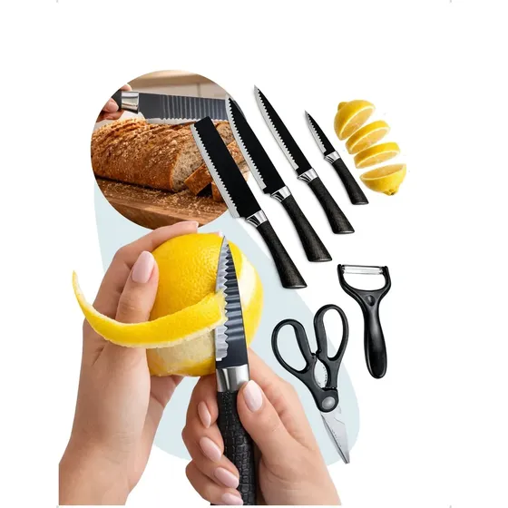 Kit Conjunto Jogo Facas Cozinha Churrasco 6 Peças Preto