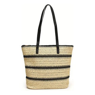 Bolsa De Viaje Para Mujer Tote Bag Bolso De Paja Para Playa Color Rayas Negras Bolsa De Viaje Para Mujer Tote Bag Bolso De Paja Para Playa Color Rayas Negras