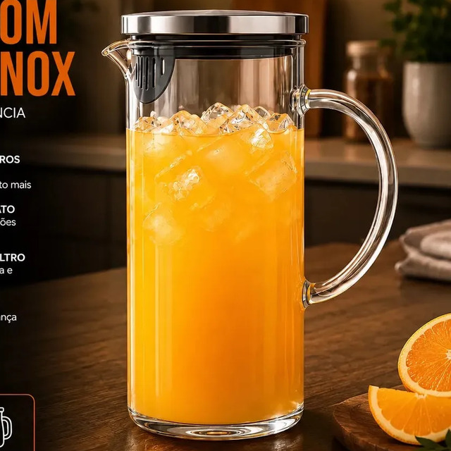 🤓Jarra de Vidro Borossilicato 1,5 Litros Tampa Inox Hermética Transparente para Água, Suco, Chá e Bebidas Quentes e Geladas