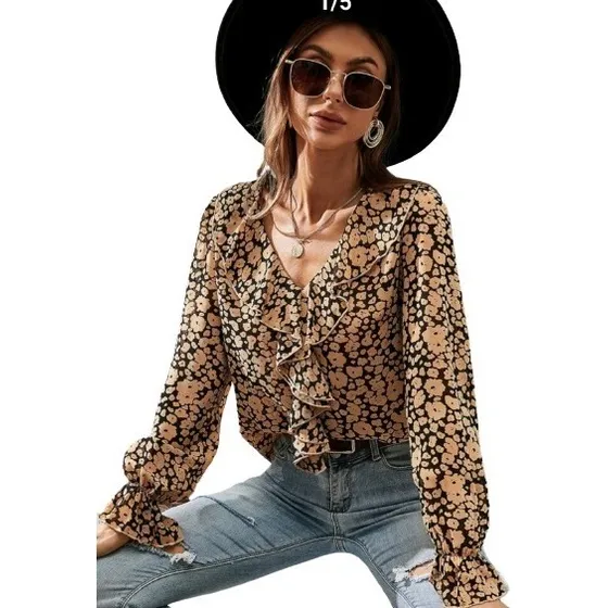 Blusa Beige Estampado Negro Manga Larga Elegante