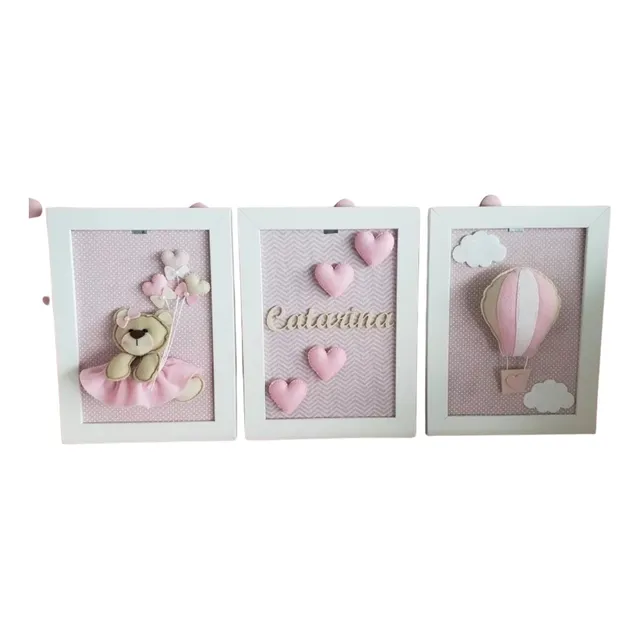 Trio De Quadrinhos Ursa Balão Rosa Ursinha Quarto Bebe 21x30