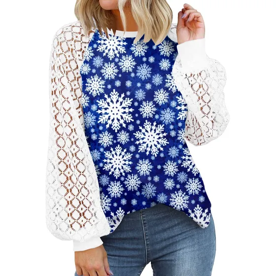 Tops Manga Larga Encaje Patchwork Patron Navidad Sudadera