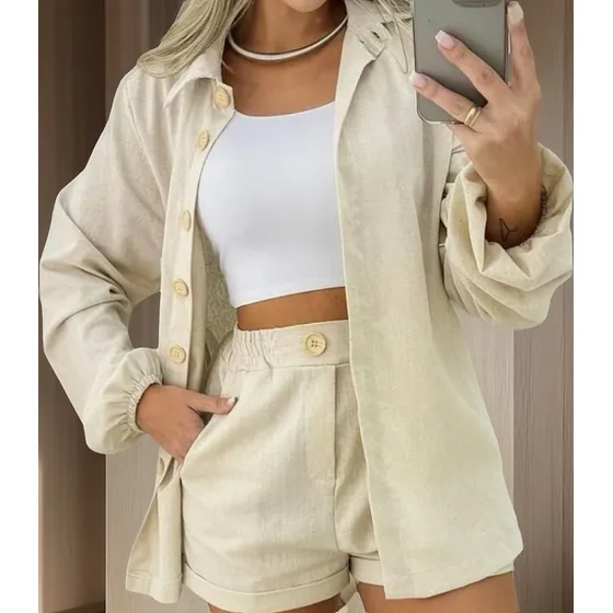Conjunto De Linho Camisa E Short Feminino Blog Cor Variadas