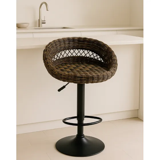 Taburete Símil Rattan Base Nagra Cromado Negro