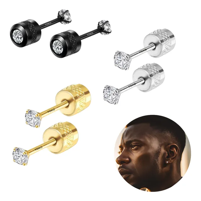 Set Aretes Acero X3 Par Hombre Diamante Topos 2en1 Piercing