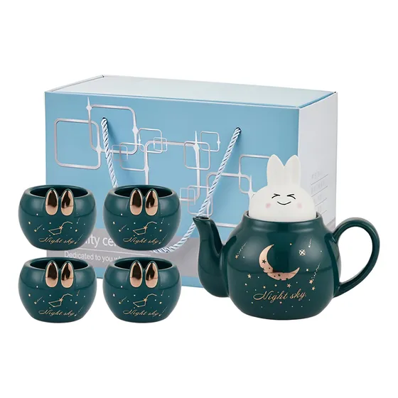 Juego De Té Café Rabbit 1 Tetera + 4 Tazas Cerámica - Qr!