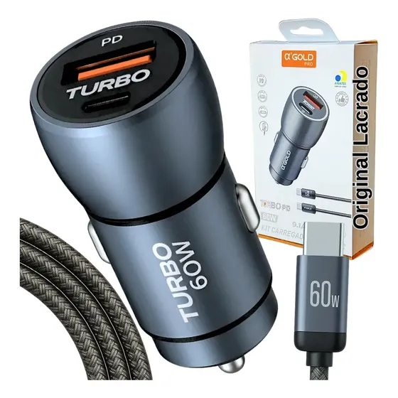 Carregador Veicular Turbo 60w Usb-c Pro Cabo Duas Portas Usb 3.0 Led Premium Compatível Com iPhone E Android Ios Super Rápido Carros Veículos Carrega 2 Celulares Juntos