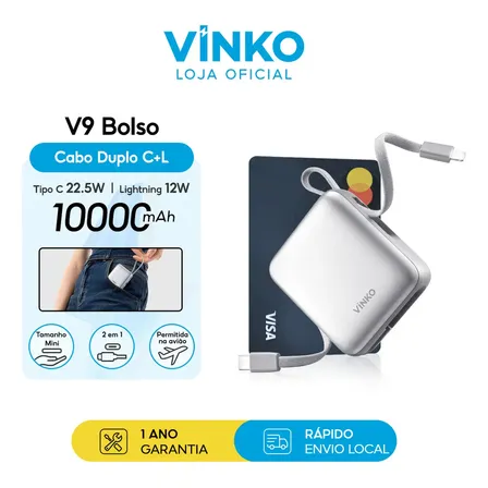 Power Bank Vinko 10.000 mAh Carga Rápida com Cabos Integrados e Tela LED