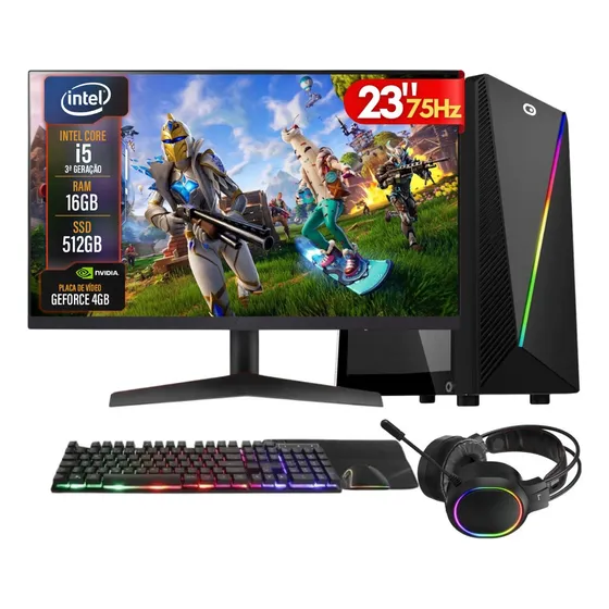 PC Gamer Completo 2Eletro Player, Intel Core i5, 16GB RAM, Placa de vídeo Geforce 4GB, SSD 512GB, Fonte 500W, Monitor 23" Full HD 75Hz, Kit Gamer com Headset - PG2E-RGB1019PL