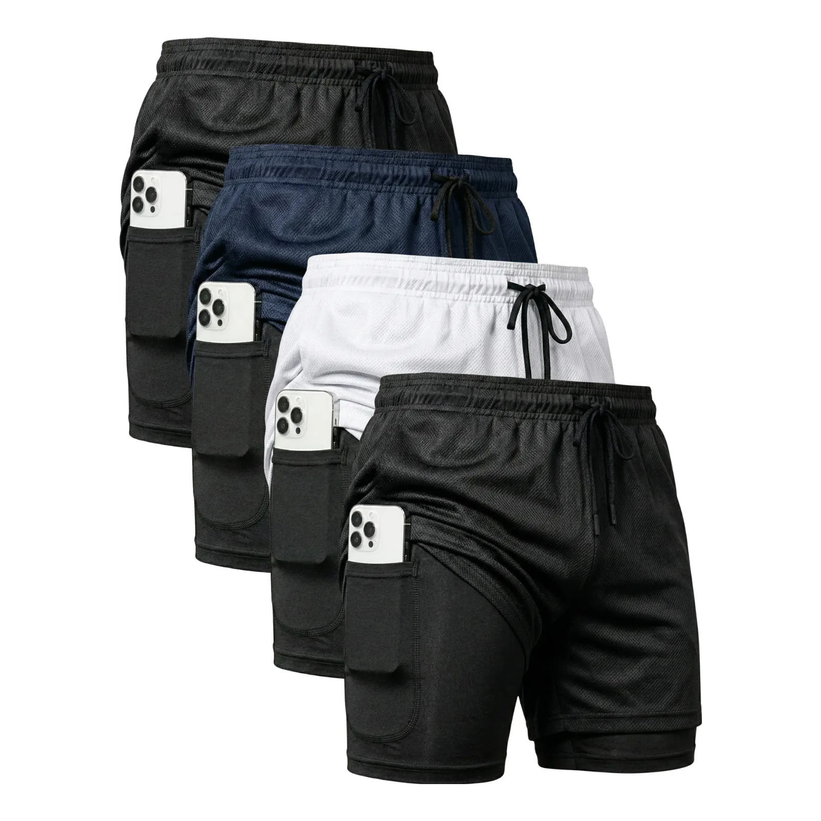Kit com 4 shorts masculinos 2 em 1 nas cores preta, azul marinho e branca, todos com bolso lateral para celular e forro de compressão