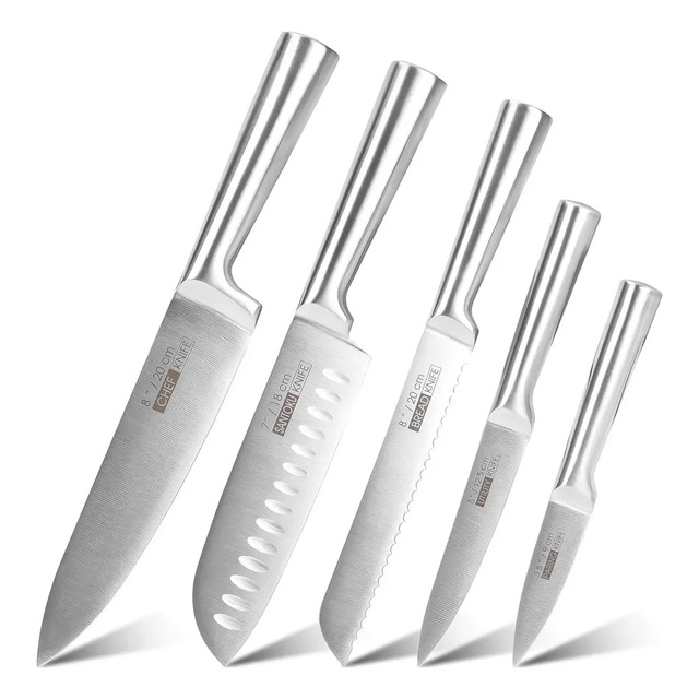 Conjunto De 5 Facas Grande De Cozinha Wbcom Robusto Aço Inox Prateado Conjunto De 5 Facas Grande De Cozinha Wbcom Robusto Aço Inox Prateado