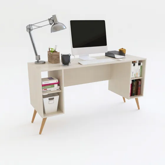 Escritorio Nordico Escandinavo 4 Estantes Patas Maciza Dl891 Color Fineline Crema