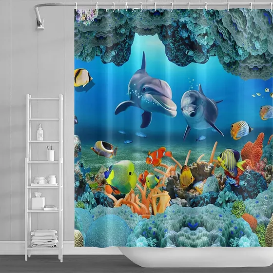 Cortina Ducha Azul Oceano Para Baño Diseño Animal 48 X