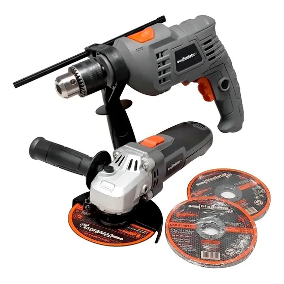 Kit Taladro Percutor + Amoladora Angular Color Gris Frecuencia 50-60Hz